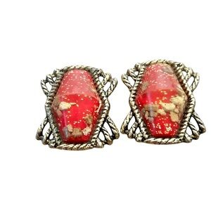 Vintage Gold-Tone and Red Cabochon Clip-On Earrings